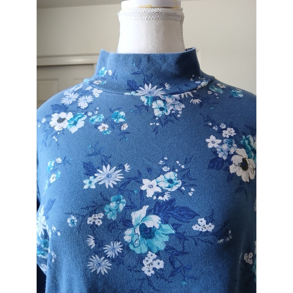 Croft & Barrow Women Size XL Blue Floralโ Mock Neck Long Sleeve Cotton Pullover - Picture 7 of 15
